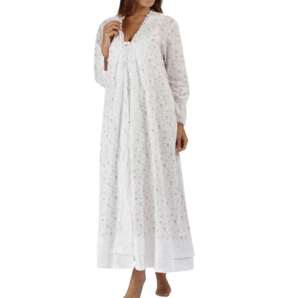 The 1 for U Sz S Rosalind Long Sleeve Cotton Housecoat Lilac Rose Print Romantic